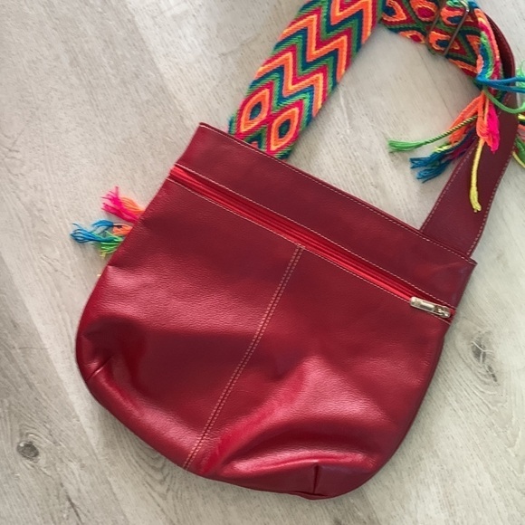 Leather bohemian red crochet red crossbody bag festive unique multicolored - Picture 11 of 16